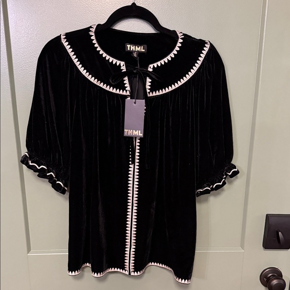 THML Tops - THML Black Velvet  Blouse with off White Trim